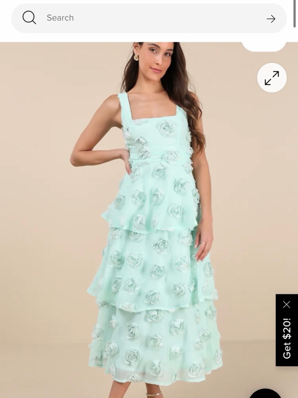 Lulu's Mint Tiered Floral Appliqué Square Neck Midi Dress